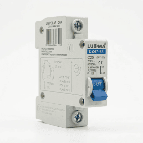 Disjuntor Unipolar DIN 20A Curva C 3kA DZ47 – Lukma