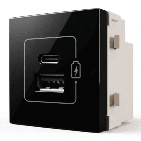 Módulo Carregador Duplo USB + USB-C 2A 10W Preto Ebony – Linha Sleek – MarGirius