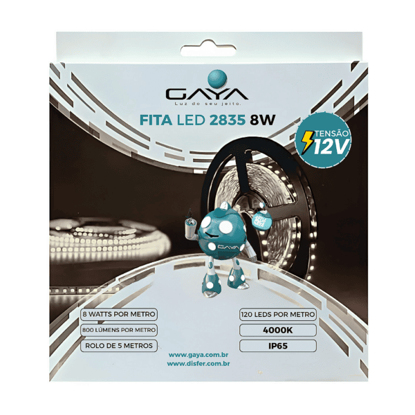 Fita LED 2835 8W/m 800 lm/m 4000K IP65 12V – Rolo 5m – Gaya