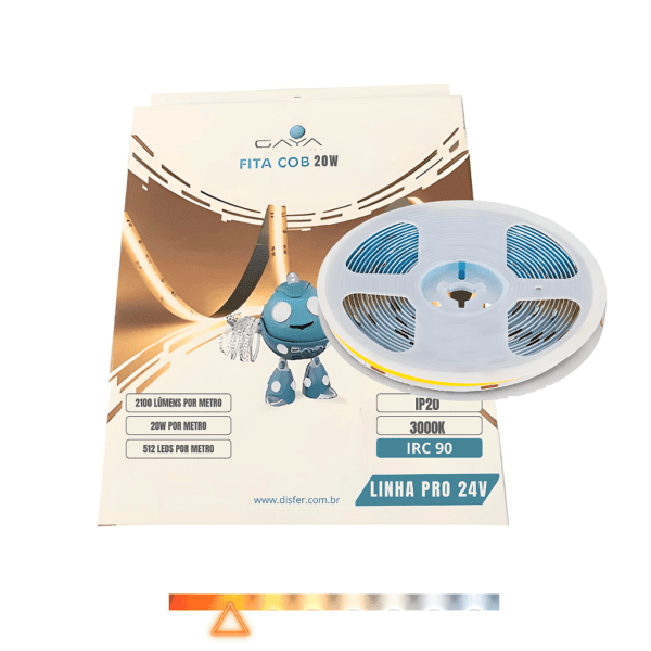 Fita COB LED 20W/m 2100lm/m IP20 IRC90 3000K 24V Rolo com 5m - Gaya