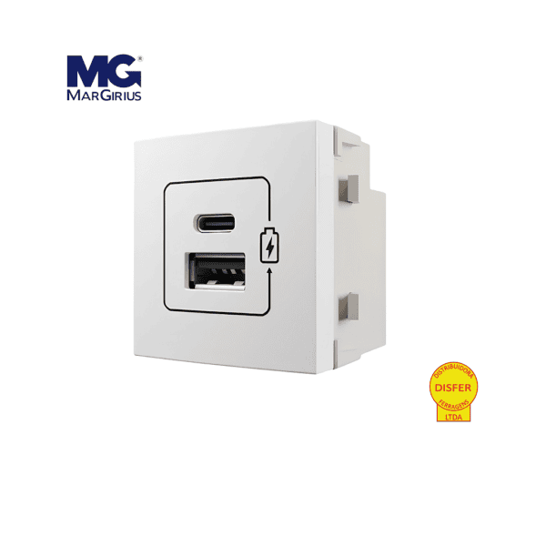 Tomada USB-C + USB Bivolt Branco - Linha Sleek - Margirius
