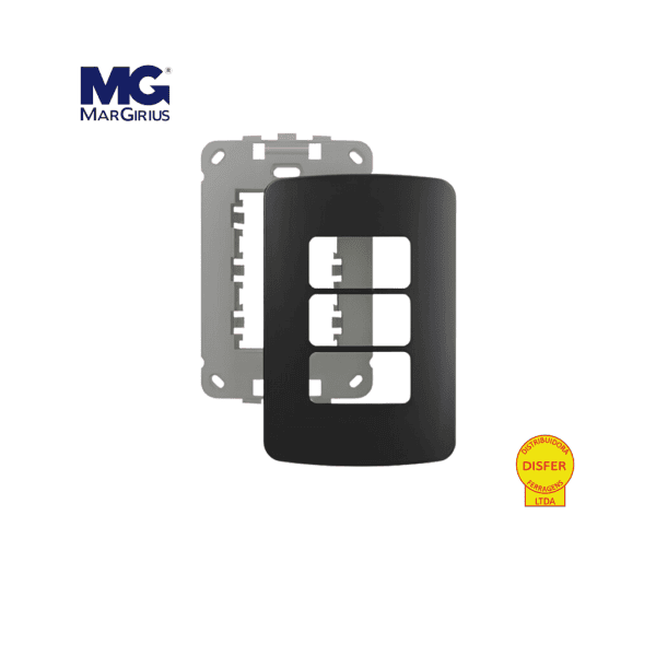Placa 4x2 + Suporte 3 Postos Horizontais Linha B3 Preta - Margirius