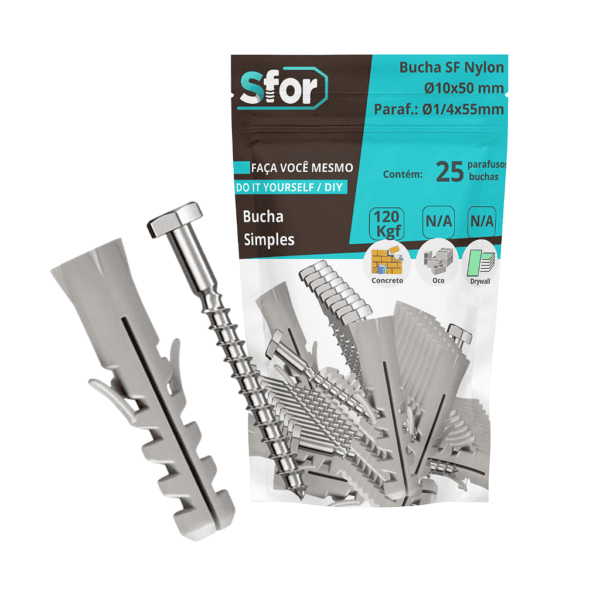 KIT - Parafuso Sextavado Rosca Soberba Ø1/4x55mm + Bucha SF Nylon Ø10x50mm com 25 peças - Sfor