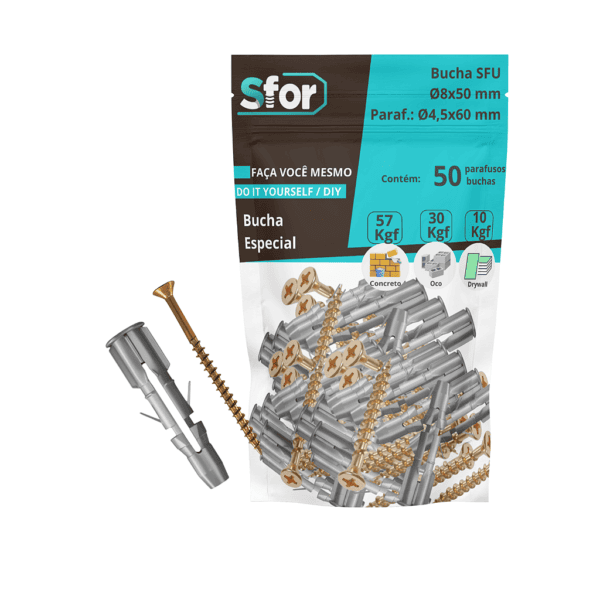 KIT - Parafuso Chip PHS Ø4,5x60mm + Bucha SFU Ø8x50mm com 50 peças - Sfor