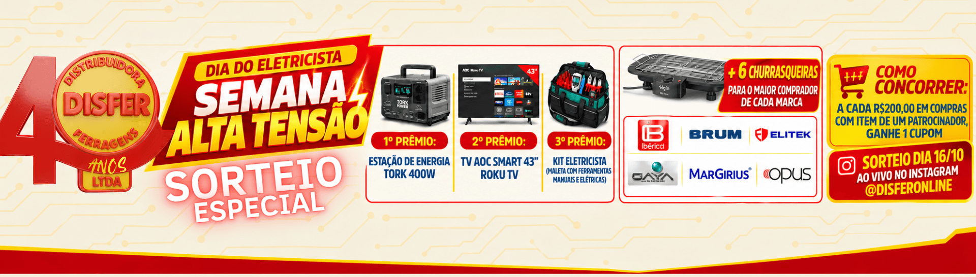 Banner sorteio eletricista desk materiais elétricos e iluminação