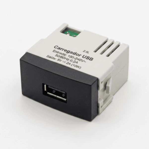 Módulo Tomada USB Carregador 2A 5V 10W Bivolt Ebony – Linha Clean – MarGirius